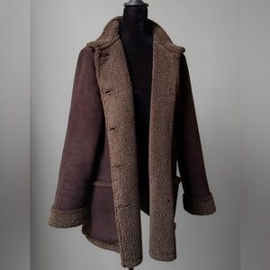 L.L. Bean Women’s Faux Suede Sherpa Sherling Coat + Hat & Mittens set Size Large